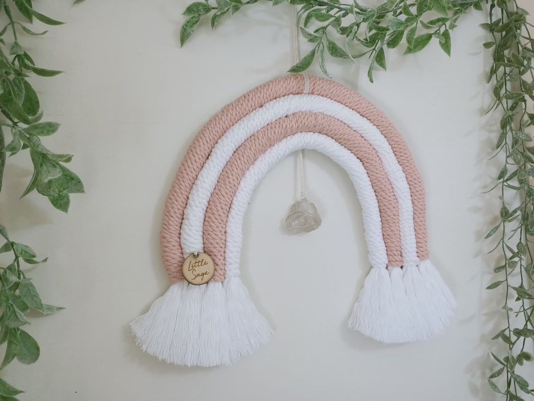 Dusty Pink Clear Quartz Macrame Rainbow Wall Hanging