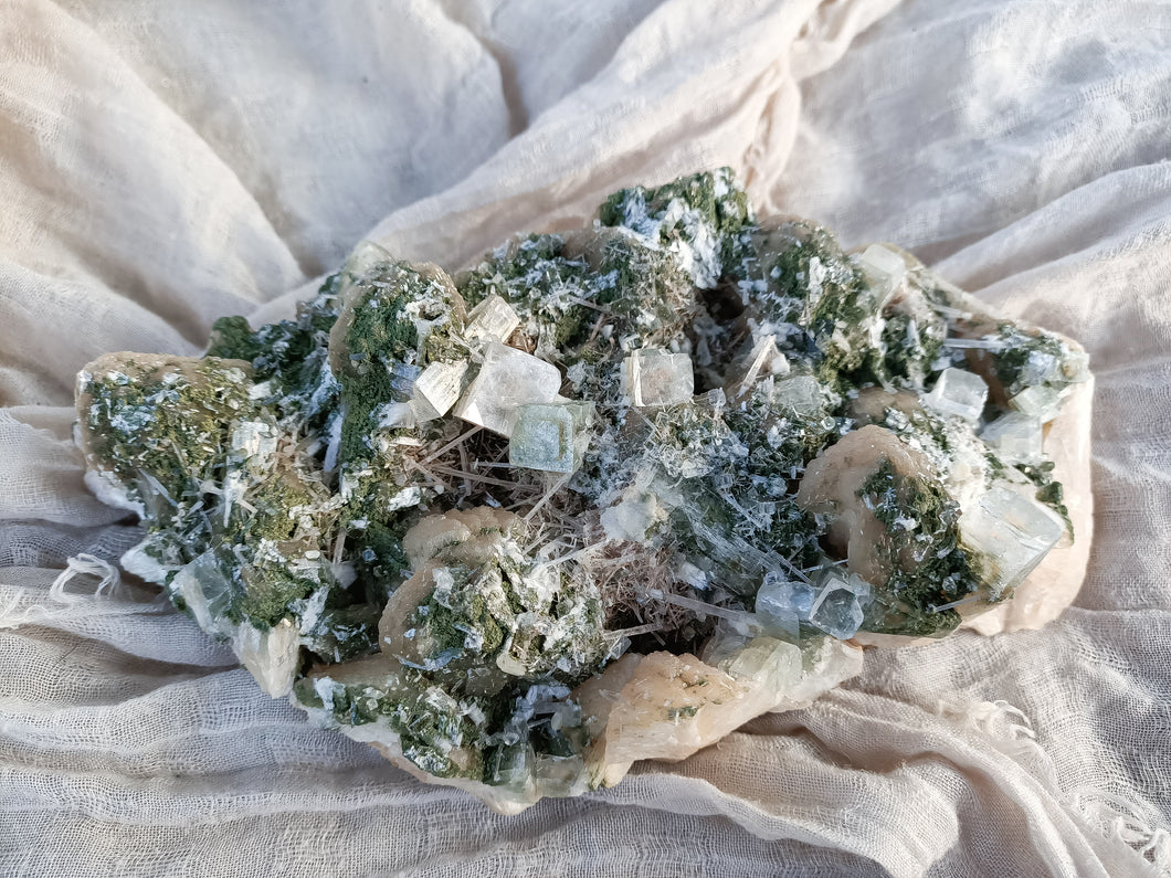Green and clear Apophyllite with Stilbite. Only one available.