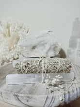 Load image into Gallery viewer, Selenite Wand with Mugwort and Sage Smudge Stick
