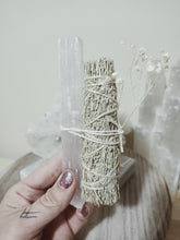 Load image into Gallery viewer, Selenite Wand with Mugwort and Sage Smudge Stick

