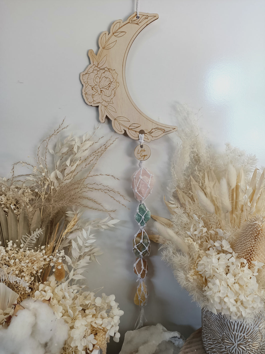 Rose Quartz - Aventurine - Amazonite - Calcite Moon Line Art Wall Hanging