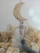 Load image into Gallery viewer, Lepidolite - Rose Quartz - Clear Quartz - Amethyst  Moon Line Art Wall Hanging
