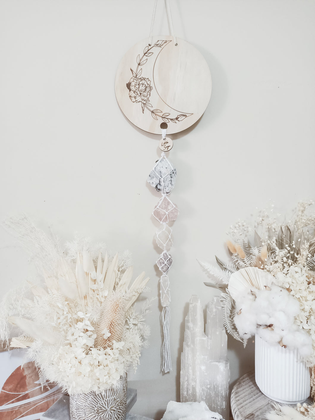 Moonstone - Rose Quartz - White Calcite - Tanzurine - Selenite Line Art