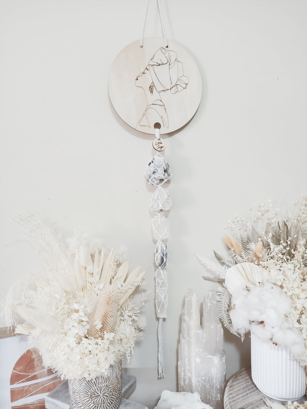Moonstone - Clear Quartz - White Calcite - Golden Beryl - Selenite Line Art