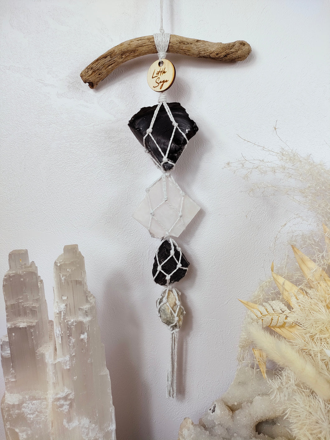 Obsidian - White Calcite - Black Tourmaline - Golden Beryl