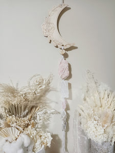 Sunstone - Selenite - Rose Quartz - Green Tourmaline - Kyanite Moon LineArt Wall Hanging