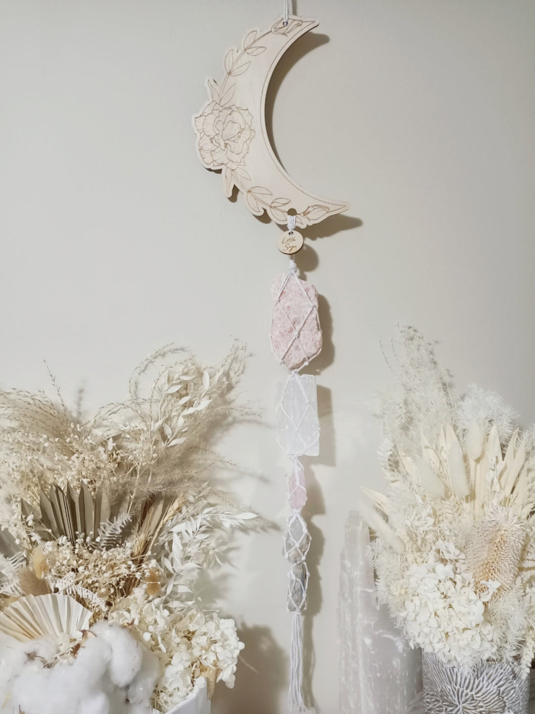 Sunstone - Selenite - Rose Quartz - Green Tourmaline - Kyanite Moon LineArt Wall Hanging